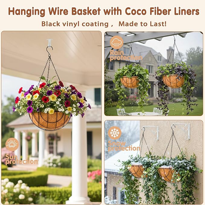14 inch Metal Hanging Baskets For Plants Outdoor 4 Pack Round Metal Wire Hanging Basket Planter with Coco Fiber Liners Plant Holder for Garden, Patio, Deck, Porch Plants Flower Potss Outdoor(Grid)