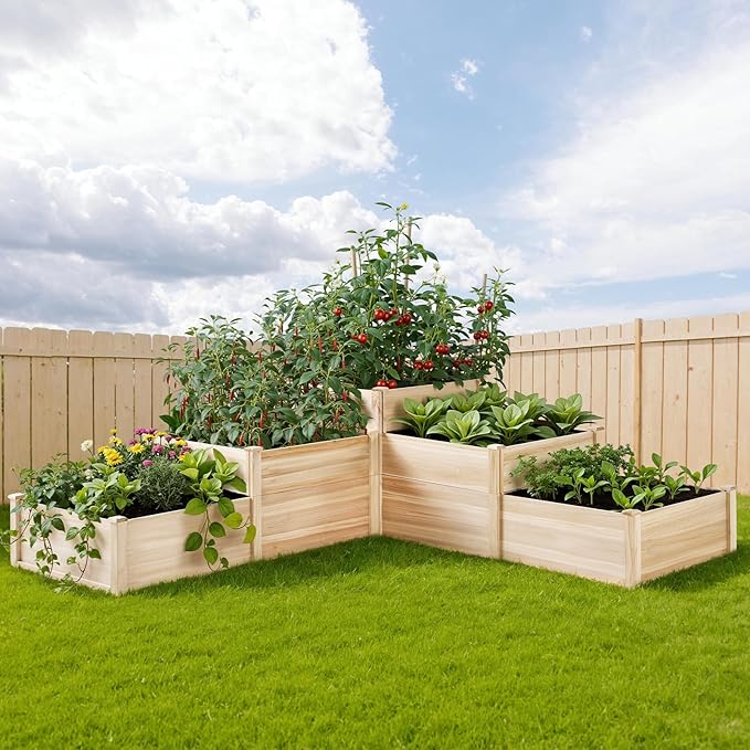AMERLIFE 3-Tier Raised Garden Bed, 28 Inch Depth Fir Wood Planter Box for Outdoor Gardening with Dividers, Tool-Free Assembly, Garden Box, Ideal for Vegetables, Herbs, Flowers