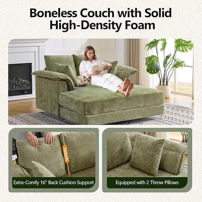 VINGLI Modern Floating Chaise Lounge Chair with Acrylic Legs, Upholstered Cushion Deep Seat Lounge Sofa with Iron-Wood KD Frame, Pillow Armrest, Accent Chair for Living Room, Play Room Apartment