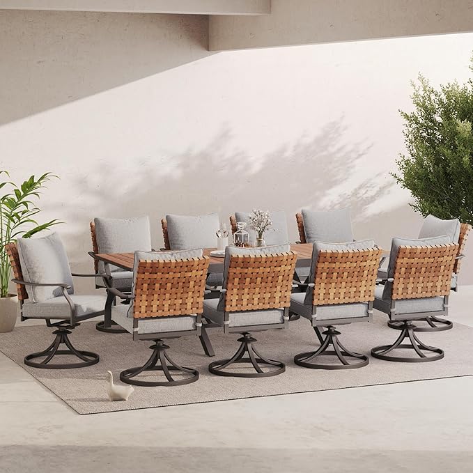 Grand patio 11-Piece Outdoor Dining Set, 10 Leather-Look Wicker Swivel Patio Chairs & 1 Extendable Rectangular Dining Table, Brown