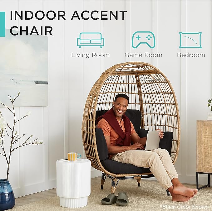 Best Choice Products Wicker Egg Chair, Oversized Indoor Outdoor Lounger for Patio, Backyard, Living Room w/ 4 Cushions, Steel Frame, 440lb Capacity - Sage