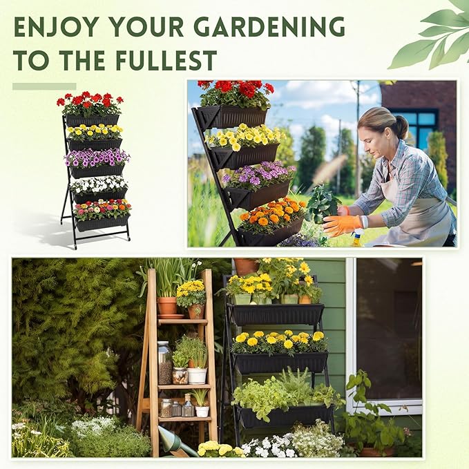 2 Pack 5-Tier Vertical Garden Planter 4.5 ft Tall Raised Garden Bed with Lockable Wheels & Drainage, Removable Elevated Herb Vegetable Flower Planter for Patio Deck Indoor Outdoor(Black)