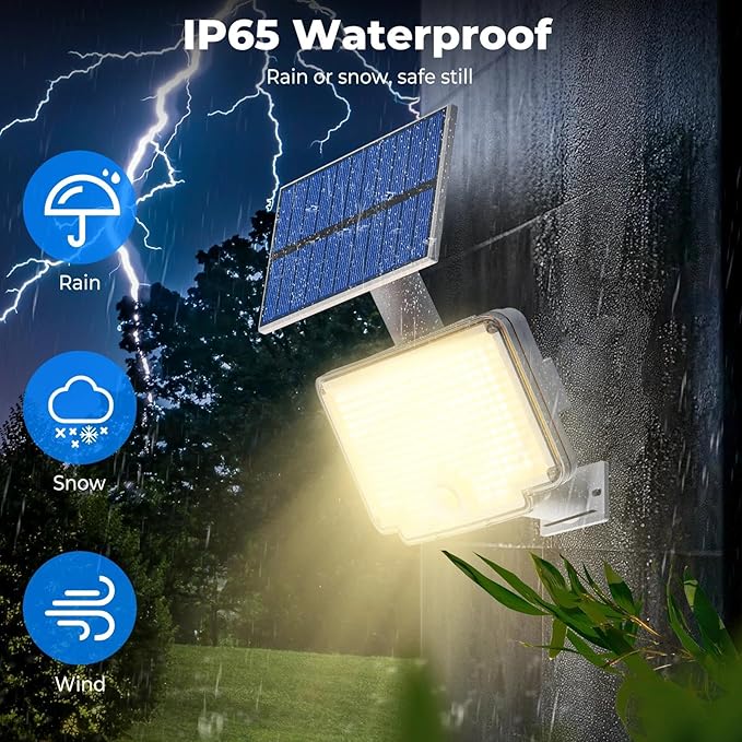 Peasur 1 Pack Solar Motion Lights Outdoor, 318 LED Solar Security Light with 3 Modes, IP65 Waterproof Powered Flood Lights for Outside Garden Backyard，Warm (White Frame)