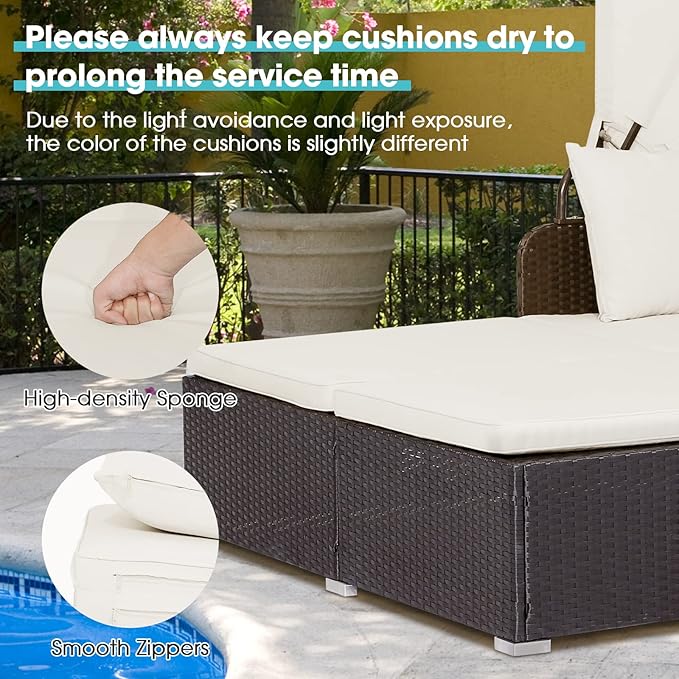 COSTWAY Outdoor Daybed with Retractable Canopy, Wicker Patio Furniture Set with Cushioned Pillows, Patio Rattan Daybed for Deck, Backyard, Poolside (White)