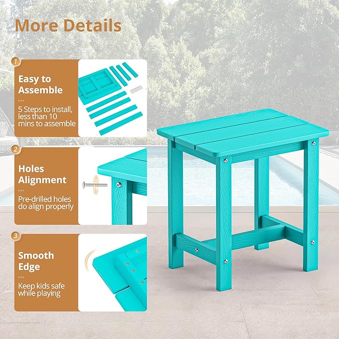 LUE BONA Outdoor Side Table, HDPS Small Outdoor Table, Adirondack Side Table, Outside End Table for Patio, Porch, Deck, Weather Resistant/Easy Maintenance/Indoor or Outside Use, Aruba Blue