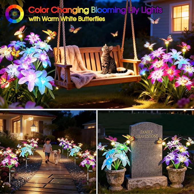 Garpar Solar Flowers Lights Outdoor Waterproof, Upgraded 8 Pack Solar Garden Lights with 32 Lily & 24 Butterflies, Bright Color Changing Outdoor Decor for Outside Yard Patio, Gift (8)