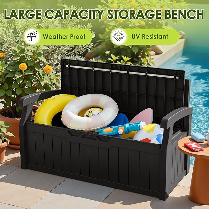Greesum 80 Gallon Outdoor Storage Bench, Resin Patio Furniture with Armrest,Waterproof and UV-Resistant, Perfect to Garden, Poolside and Lawn, Black