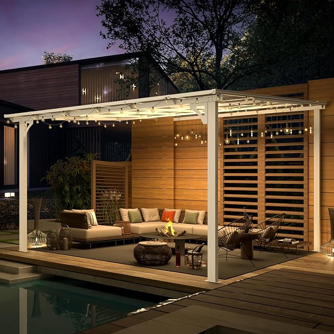 AECOJOY 12' x 12' White Gazebo Outdoor Pergola for Patio, Large Wall-Mounted Hard Top Lean to Metal Gazebo Shelter Pergolas and Gazebos Clearance with Patio Roof, Heavy Duty Awnings for Patio