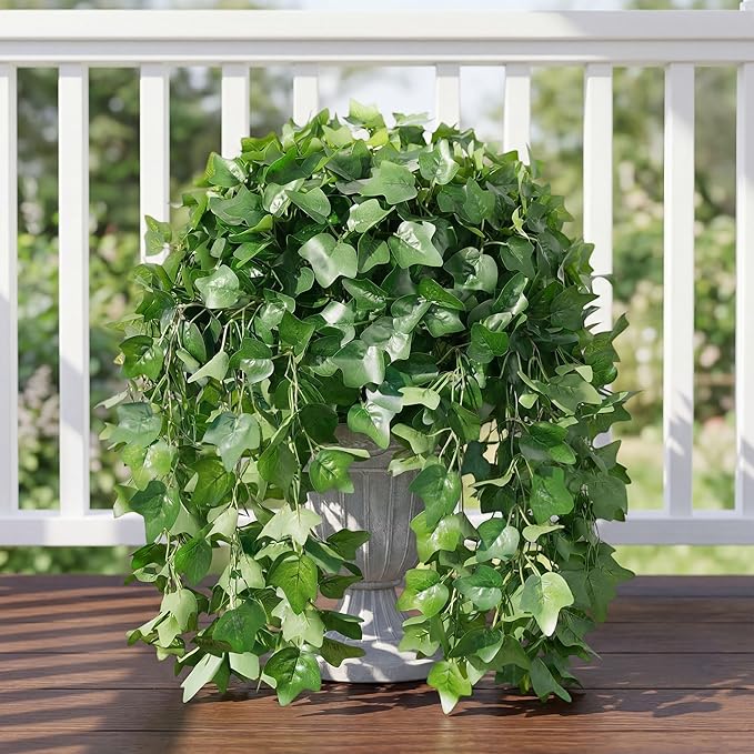 Faux Outdoor Plants Fake Hanging Plants for Outdoors Outside Decorations, 2 Pcs Green Fake Ivy Vines Realistic UV Resistant Artificial Greenery for Planters Porch Garden Yard Front Door Patio Indoor