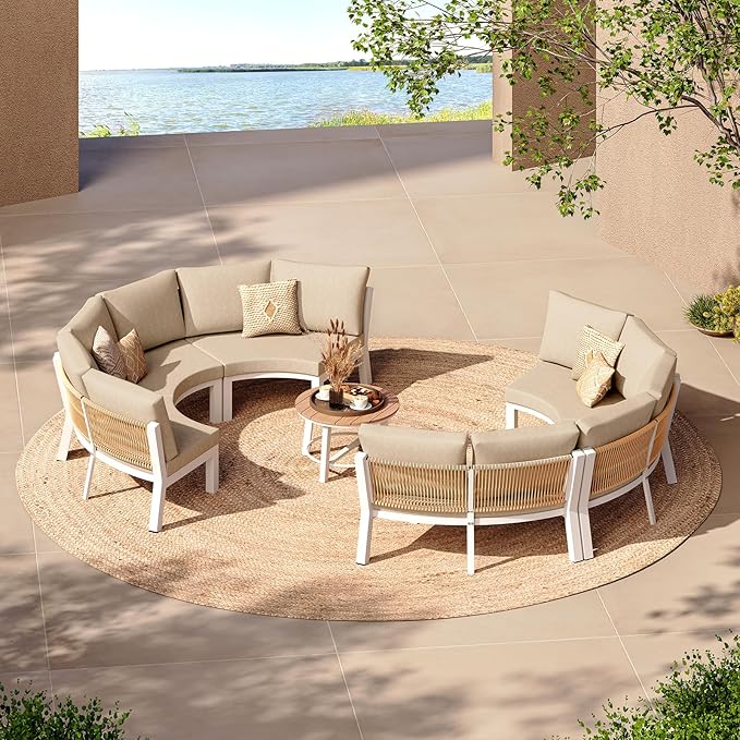 Outdoor Patio Furniture Set, 7 Piece Aluminum Curved Outdoor Sectional Sofas with Modular Coffee Table, PE Rattan Patio Conversation Sets, All-Weather Patio Couch Sets with Cushions, White