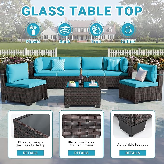 LEVELEVE 7 Pieces Outdoor Patio Furniture Sets,Rattan Conversation Sectional Set,Manual Weaving Wicker Patio Sofa with Tea Table