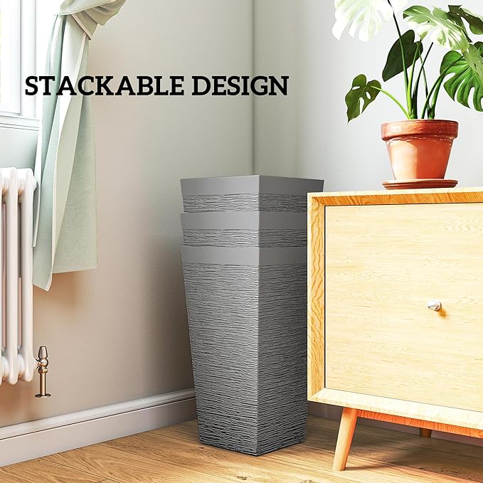 Outsunny 22.8 Inch Tall Planters for Outdoor Plants, Set of 3 Plastic Flower Pots with Stone Finish and Wheels, Stackable Tapered Planters with Drainage Hole for Indoor Plants, Front Porch, Gray