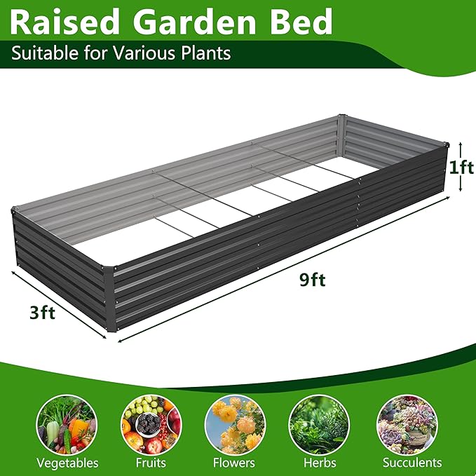 2PCS 9x3x1ft Galvanized Raised Garden Bed Kit,Metal Planter Box for Vegetables,Flowers,Herbs Durable Rust-Resistant Patio Gardening Beds,Black