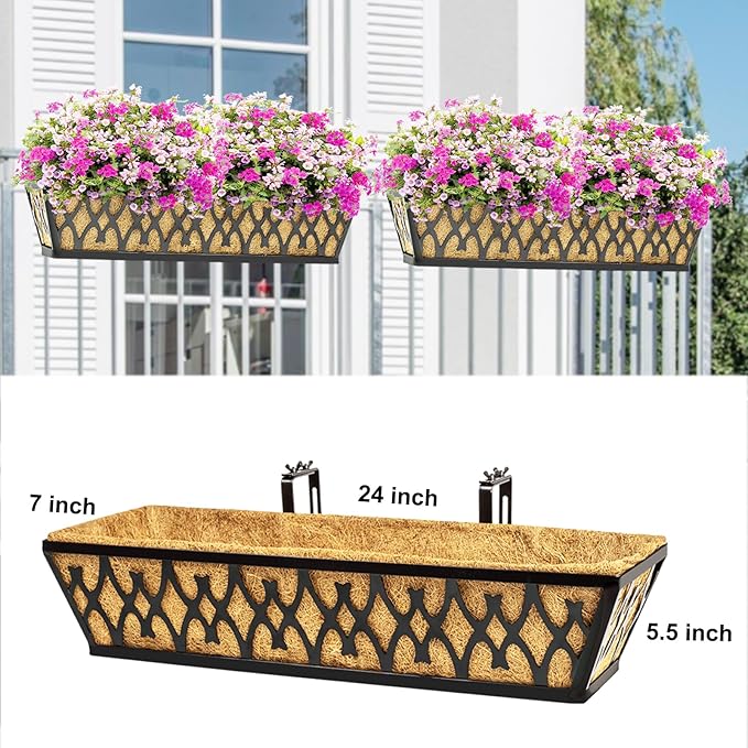 6 Pack 24 Inch Window Boxes Planters Railing Planter Box with Adjustable Brackets for Porch Fence Patio Balcony Hanging Flower Baskets with Coco Liners for Outdoor Garden Decor - Black
