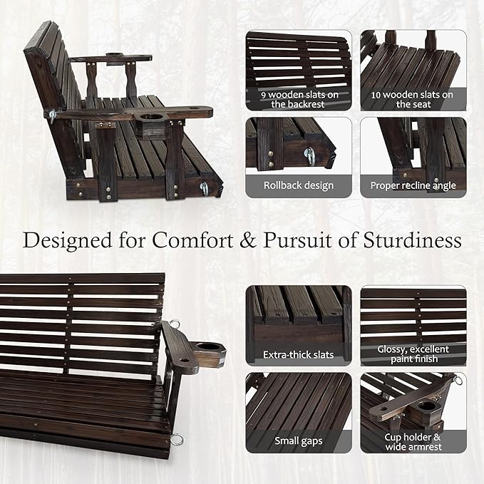 Fortune Candy Wooden Porch Swing 3-Seater, High Backrest and Deep Seat, Bench Swing with Cupholders, Hanging Chains and 7mm Springs, Heavy Duty 880 LBS (Deep Brown, 5 FT Extra Large)