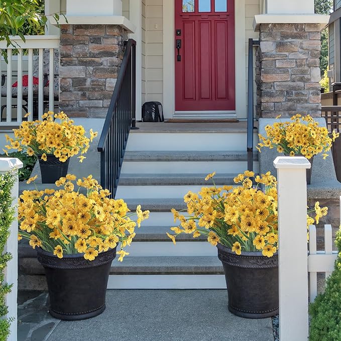 24 Yellow Bundles Artificial Flowers for Outdoors/Indoors Fake Flowers Plants for Indoor Outside Garden Porch Window Box Home Wedding Farmhouse