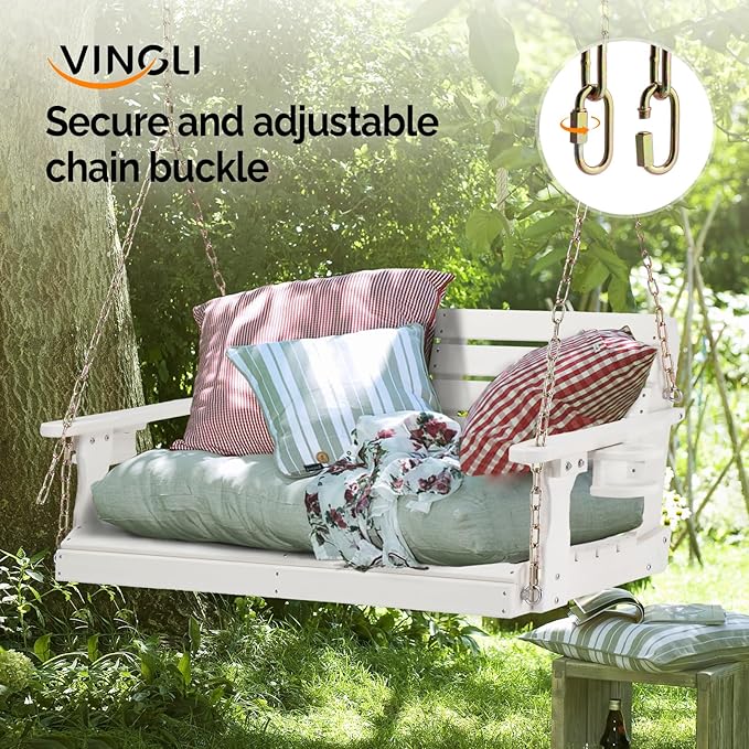 VINGLI Heavy Duty 1600 LBS HDPE Porch Swing Outdoor with Rotatable Cup Holder, 4 FT Patio Bench Swing with Adjustable Chains, 2 Person Hanging Porch Swing Chair for Porch, Yard, Tree, Garden - White