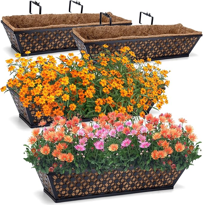 24 Inch Window Box Planters Outdoor,Deck Railing Planter Boxes with Coco Liner,Metal Hanging Window Flower Boxes for Balcony Fence Porch Garden Railing