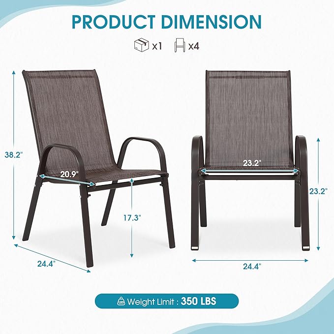 Outdoor Stackable Chairs Set of 6, Stacking Patio Chairs with Textilene Fabric, Outside Furniture for Garden Backyard Balconie Poolside Deck, Brown