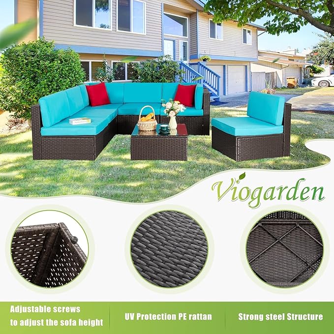 Vongrasig 7 Pieces Patio Furniture Sets, Outdoor All-Weather Wicker Patio Conversation Sets, L-Shaped Rattan Sectional Patio Sofa with Glass Table for Backyard, Blue
