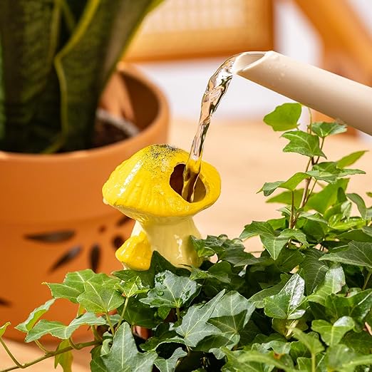 4 Pack Watering Globes - Terra Cotta Watering Spikes for Indoor Plants, Handcrafted Mushroom Shape Self Watering Devices with Slow Release System, Plant Water Bulbs for Vacation & Outdoor Pot