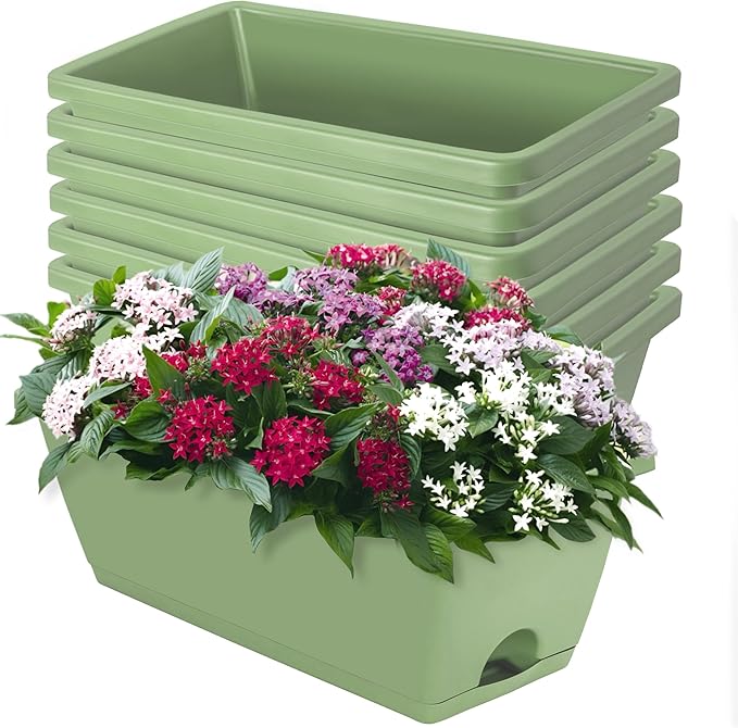 Window Box Planter, 7 Pack Plastic Vegetable Flower Planters Boxes 17 Inches Rectangular Flower Pots with Saucers for Indoor Outdoor Garden, Patio, Home Decor