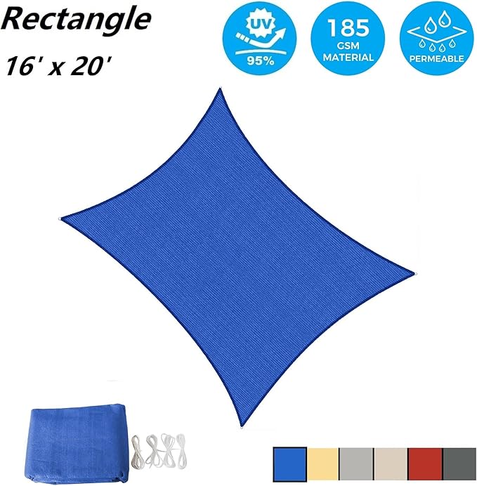 AsterOutdoor Sun Shade Sail Rectangle 16' x 20' UV Block Canopy for Patio Backyard Lawn Garden Outdoor Activities, Blue
