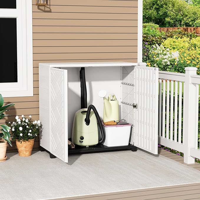 ADDOK Indoor Outdoor Plastic Storage Cabinet 34"x15"x34", Outdoor Storage Shed for Living Room, Hallway, Balcony, Garage, Garden, Backyard-White（W/O Shelf）