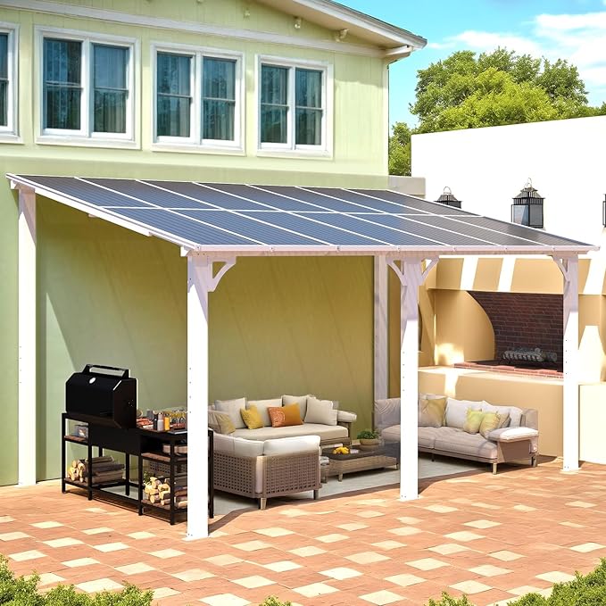 AECOJOY 14' x 8' White Gazebo Outdoor Pergola for Patio, Hard Top Lean to 8x14 Gazebo Shelter Pergolas and Gazebos Clearance with Patio Roof, Large Wall-Mounted Heavy Duty Awnings for Backyard