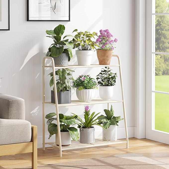 3-Tier Corner Plant Stand, Metal Black Flower Pot Rack, Indoor Outdoor Heavy Duty Shelf (Cream, 3 Tier)