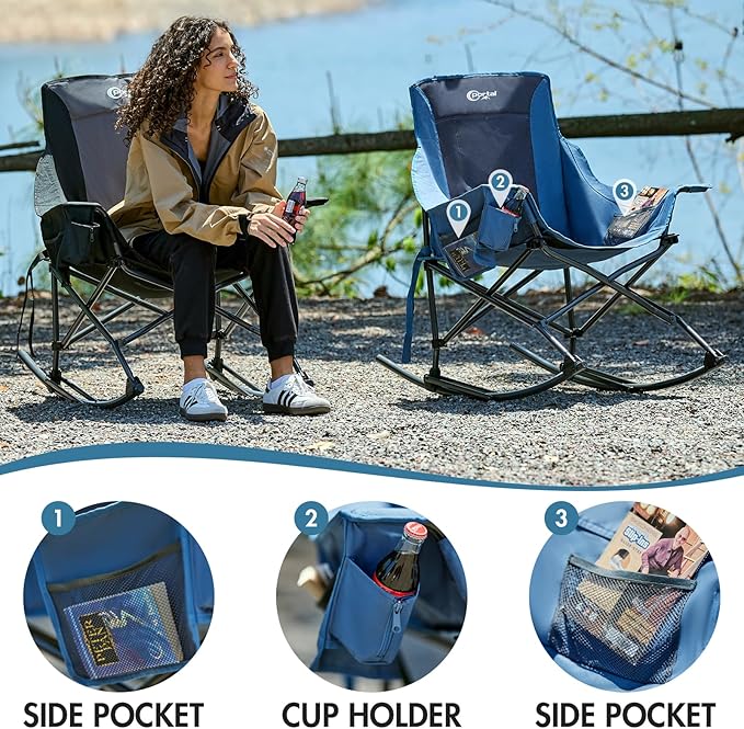 Portal Outdoor Rocking Chair Camping Folding Portable Rocker with Cup Holder Side Pocket Carry Bag, Support 350LBS, Blue