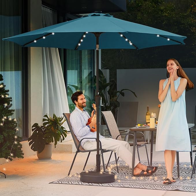 JEAREY 9FT Outdoor Patio Umbrella with Solar Lights, LED Lighted Pool Umbrella with Tilt and Crank, Outdoor Table Umbrellas for Deck, Yard & Market (Lake Blue)