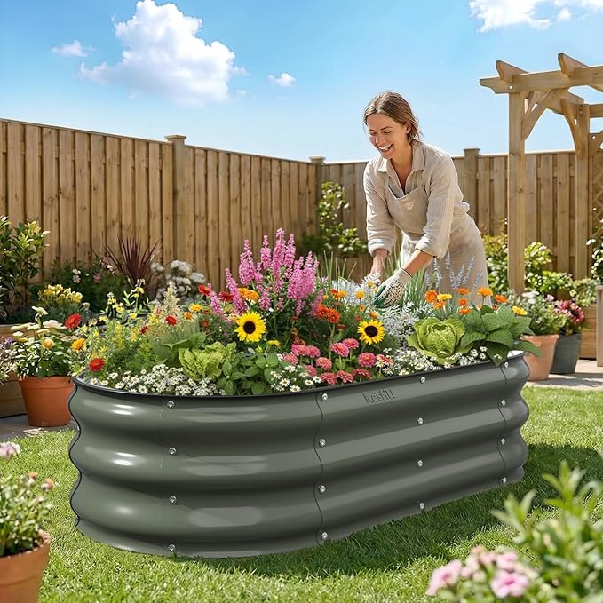 Kesfitt Raised Garden Bed, 4x2x1 FT Galvanized Steel Metal Raised Garden Bed, Oval Open-Bottom Design, 12-Inch Deep for Outdoor Vegetable & Herb Gardening, Volcanic Gray