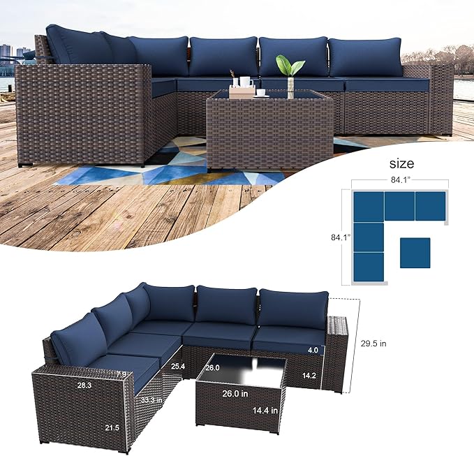 Kullavik 9 Pieces Outdoor Patio Furniture Set,PE Wicker Rattan Sectional Sofa Patio Conversation Sets with Swivel Rocking Chairs Set,Navy Blue