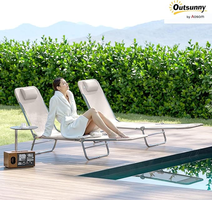 Outsunny 2 Piece Folding Chaise Lounge Chairs, Pool Sun Tanning Chairs with Reclining Back, Breathable Mesh Seat, Headrest for Beach, Yard, Patio, Cream White