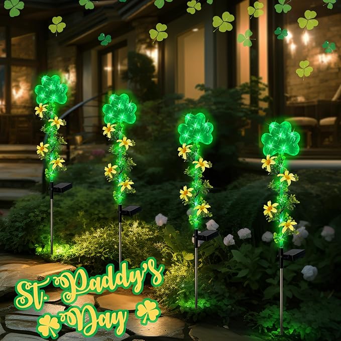 ST Patrick's Day Decorations Outdoor,2 Pack Shamrock Solar Lights Outdoor,Solar Powered Green Fairy Lights Holiday Decorations for Yard,Lawn,Garden Stkae