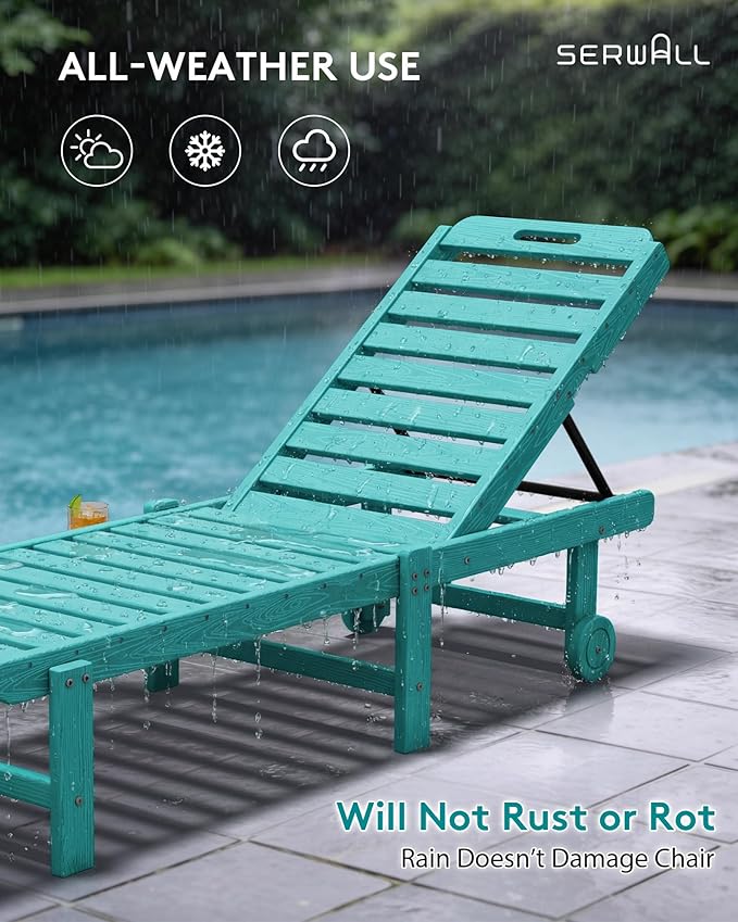 SERWALL Outdoor Chaise Lounge Set of 2, All-Weather HDPE Pool Lounge Chairs with 5-Position Adjustable Backrest, Rolling Wheels & Cup Holder for Poolside, Aruba