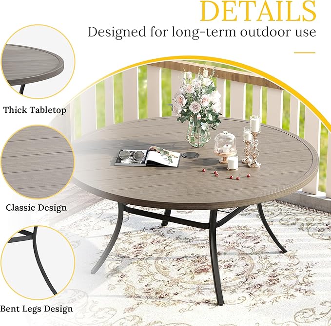 VICLLAX 63" Outdoor Round Patio Table with Umbrella Hole, All Weather Metal Round Outdoor Dining Table for Lawn Garden, 8-10 Person Table, Grey Wood Grain