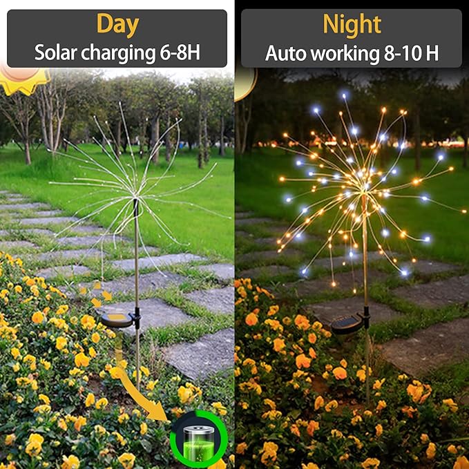 JJGoo Solar Firework Lights, 2 Pack 120 LEDs 2 Lighting Modes Solar Garden Lights Outdoor Waterproof for Yard Patio Walkway Pathway Party Wedding Christmas Decorative - Mixed Color