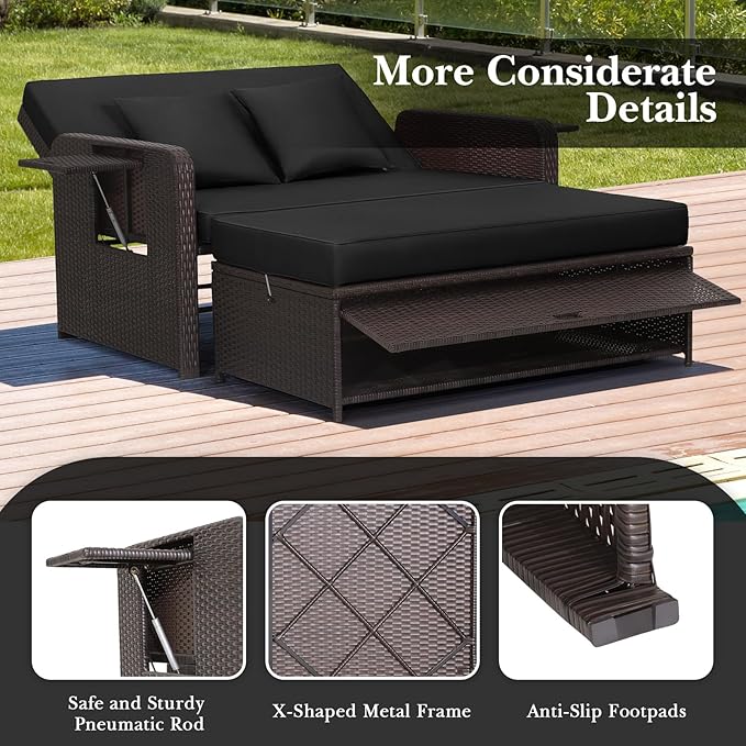 Nightcore Wicker Patio Outdoor Daybed, Outdoor Chaise Lounger w/ 4-Level Adjustable Backrest, Retractable Side Trays, Storage Ottoman, Comfortable & Removable Cushions, Rattan Loveseat (Black)