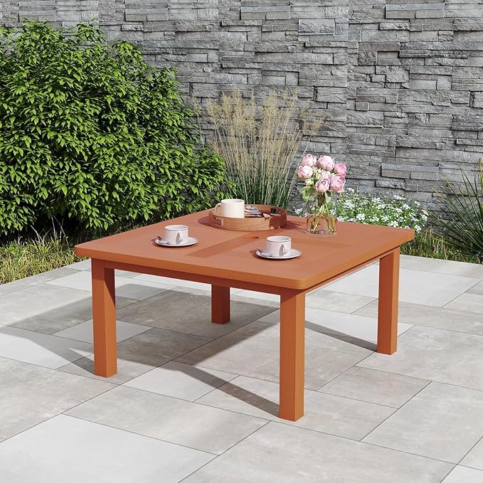 Tangkula Patio Coffee Table with Umbrella Hole, 35.5 Inches Outdoor Solid Square Wood Side Table with Slatted Tabletop & Teak Oil Finish, for Yard, Balcony, Deck