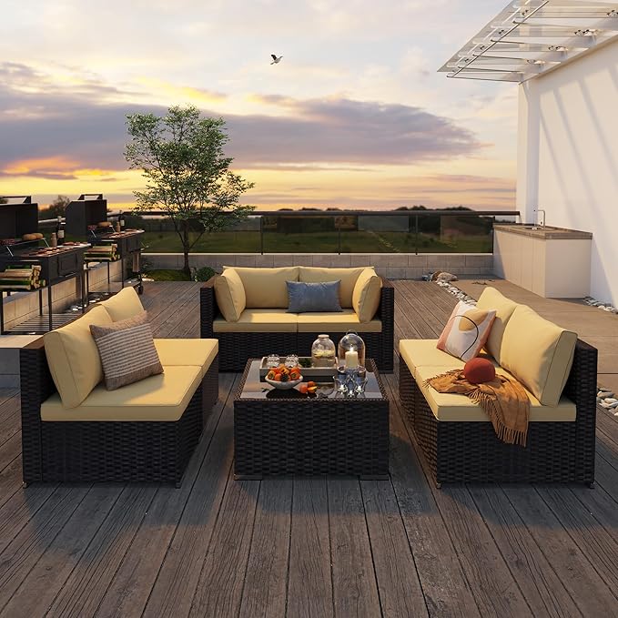 Patio Furniture Sets 7 Pieces Outdoor Sectional Rattan Sofa Manual Weaving Wicker Patio Conversation Set with Glass Table and Cushion (Beige)