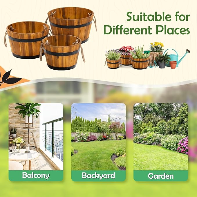 Set of 3 Wooden Flower Boxes Outdoor, Durable Acacia Wood Barrel Planters for Outdoor Plants with Ergonomic Handles, Drainage Holes, Multiple Sizes Wood Bucket Planter for Home Décor