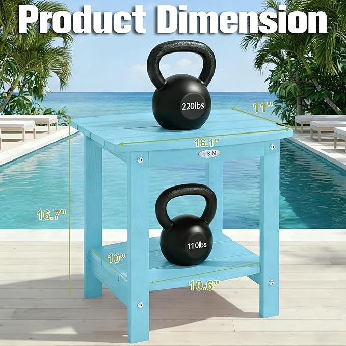 Y&M Outdoor Side Table, HIPS Adirondack Small Double Layer Table, Waterproof Square Outside Table, Balcony End Tables for Patio, Pool, Porch, Deck, Indoor or Outdoor Use, Light Blue