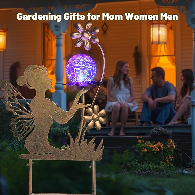 HONGLAND Solar Lights Fairy Garden Decor for Outside,Fairy Figurine Decorative Stake Housewarming Gifts for Patio Lawn Yard Pathway Outdoor Decor-Unique Valentines Day Gifts for Women Mom Grandma