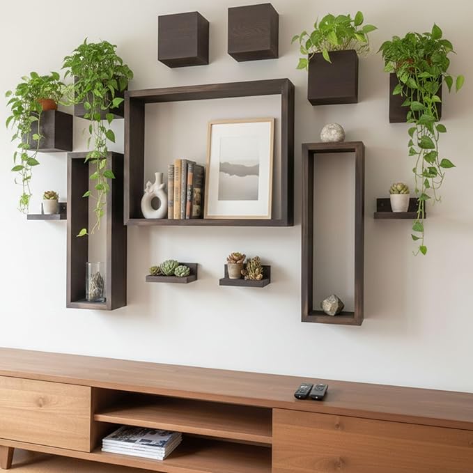 LaLaGreen Wall Planters for Indoor Plants (13-Piece Set) Small Wall-Mounted Vertical Plant Holder, Large Wooden Floating Shelves Decorative Wood Display for Kitchen, Bathroom, Living Room, Home Decor