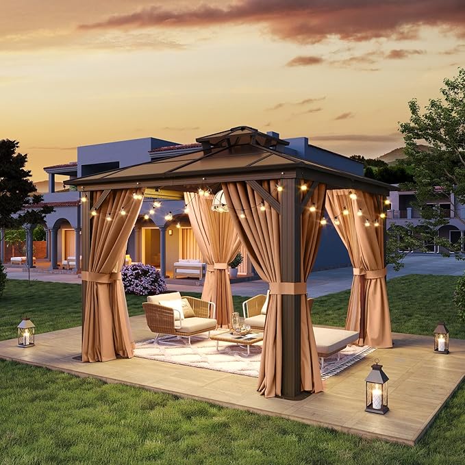 Aoxun 10'x10' Hardtop Gazebo, Outdoor Polycarbonate Double Top Canopy, Aluminum Frame Gazebo with Netting and Curtains, Sunshade for Patios, Gardens, Lawns