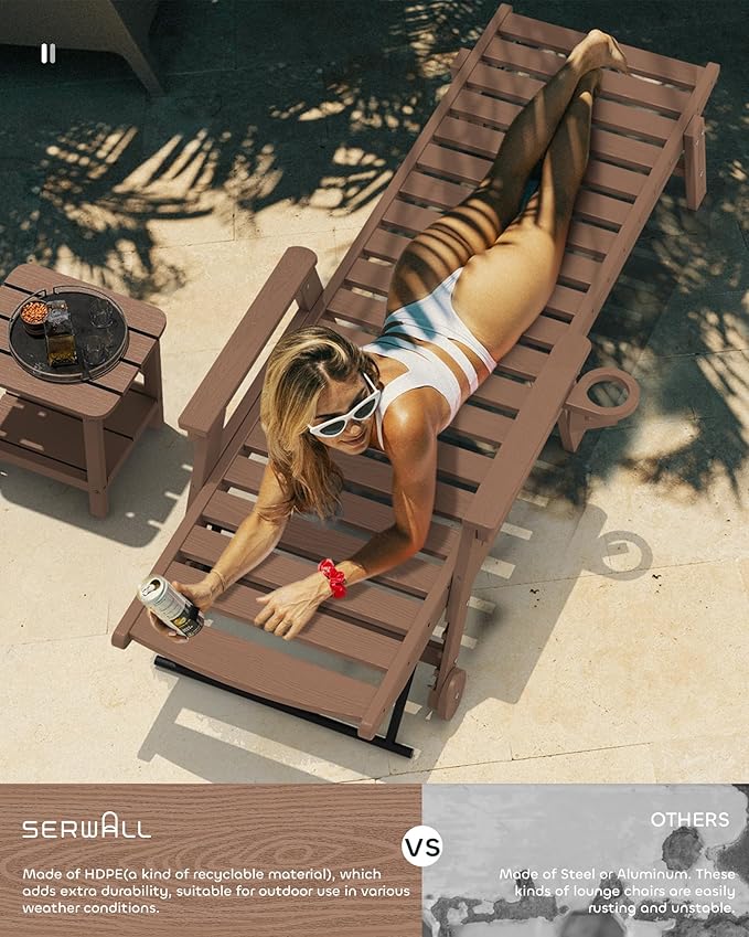 SERWALL Patio Chaise Lounge Chair Set of 2 with 9FT Patio Umbrella, 78'' HDPE Outdoor Lounger, Poly Lounge Chair with Rolling Wheels & Cup Holder for Pool,Wooden Brown (Umbreall Base not Included)