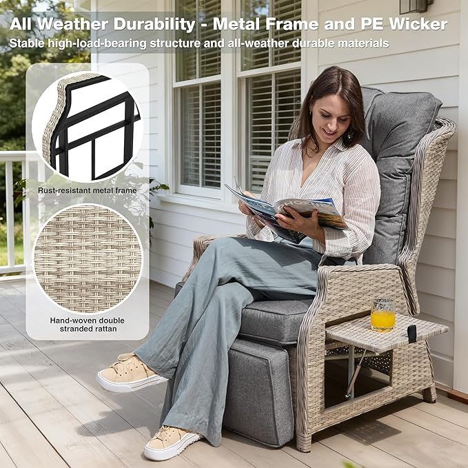 Outdoor Recliner with Adjustable Back and Footrest, Patio 150° Lay Flat Recliner with Flip Table Wicker Reclining Lounge Chair, Grey with Beige Wicker