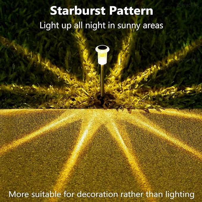 DenicMic Solar Lights Outdoor 10 Pack Waterproof 3000K Warm White LED Stainless Steel Stake Outside Lights for Yard Pathway Garden Driveway Walkway Landscape Path Lighting